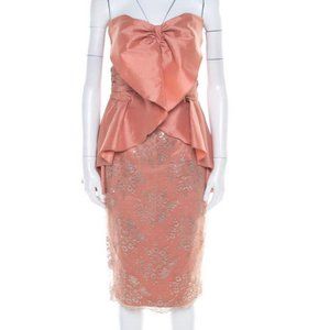 Badgley Mischka Collection Copper Metallic Lace Overlay Strapless Dress Size 14